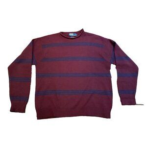 Polo Ralph Lauren Maroon & Blue Roll Neck Striped 100% Lambswool Sweater, Size L
